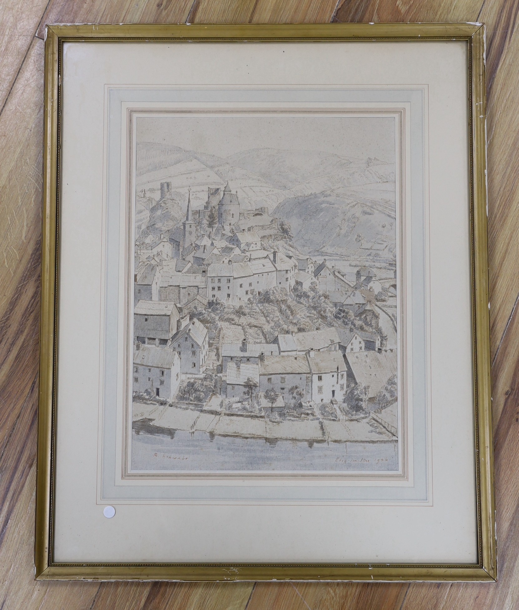 Randolph Schwabe (1885-1948), ink and watercolour, View of a French village, signed and dated 1936, 41 x 30cm